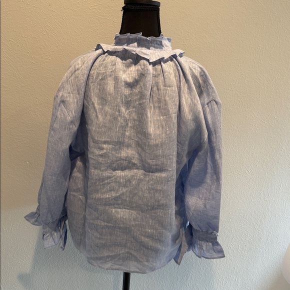 HARSHMAN X-S Linen Blue Striped Blouse with Ruffle Collar - Picture 2 of 8